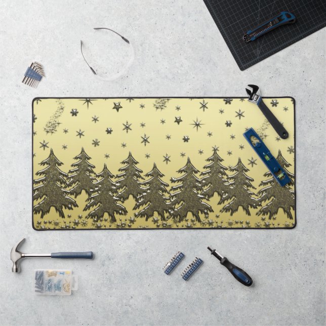 Gold Spruce trees, snowflake under starry gold sky Desk Mat (Workstation)