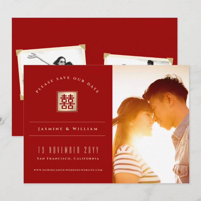 Gold Square Double Happiness Chinese Wedding Photo Save The Date (Front/Back)