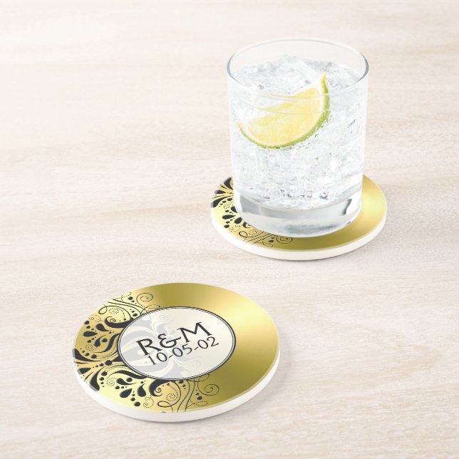 Gold Stainless Steel Look Black Lace Accent Coaster (Side)