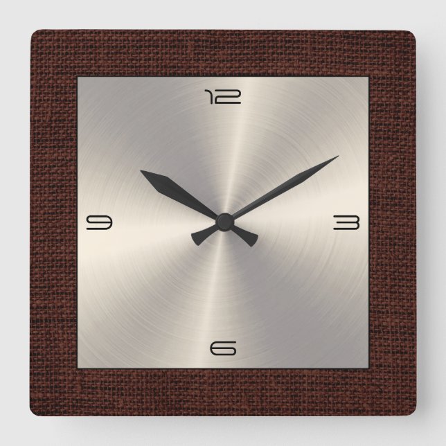 Gold Stainless Steel Modern Burlap Border Square Wall Clock (Front)