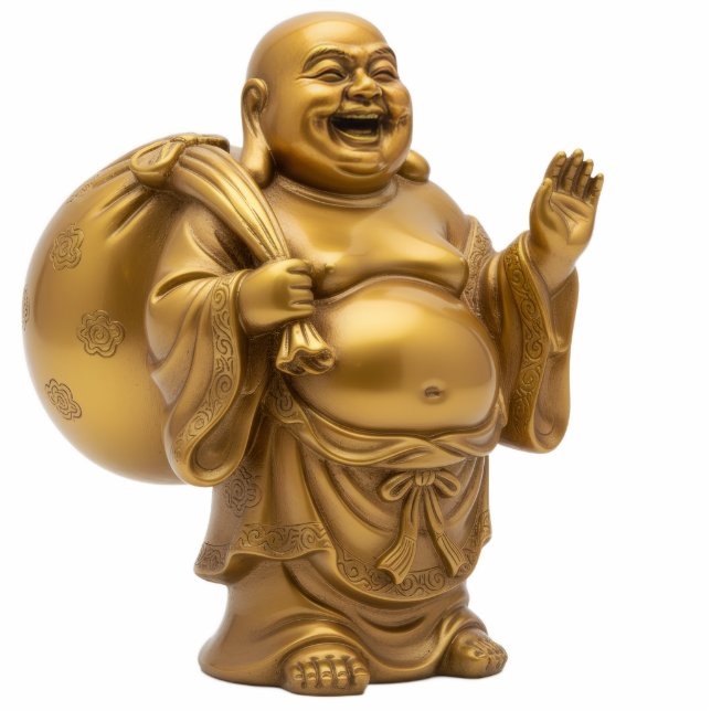 Gold Standing Laughing Buddha with Sack 2D statue Standing Photo Sculpture (Front)