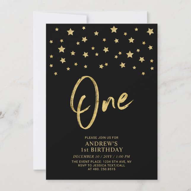 Gold Star | Black One 1st Birthday Party Invitation (Front)