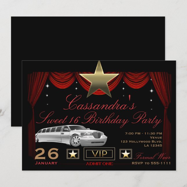 Gold Star Black Red Limo Hollywood Birthday Party Invitation (Front/Back)