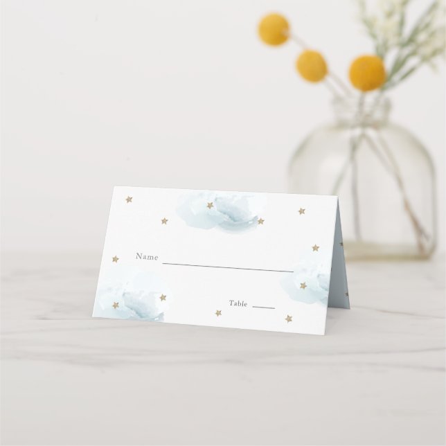 Gold Star & Blue Cloud Baby Shower Place Card (Front)