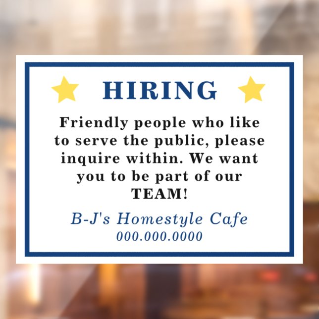 Gold Star Blue Lettering HIRING Notice Window Cling (Sheet 2)