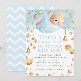 Gold Star Blue Teddy Bear Prince - Boy Baby Shower Invitation