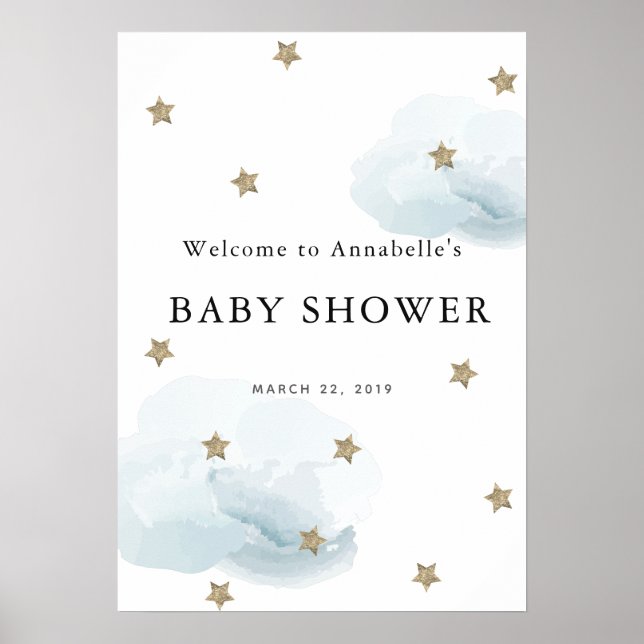 Gold Star & Cloud Twinkle Baby Shower Welcome Sign (Front)