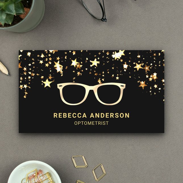 Gold Star Confetti Black Gold Eye Glasses Optician Business Card (Creator Uploaded)