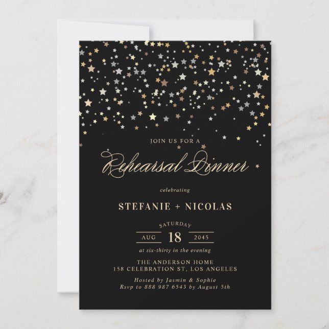Gold Star Confetti Rehearsal Dinner Invitation (Front)