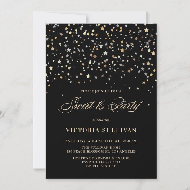 Gold Star Confetti Sweet Sixteen Party Invitation (Front)