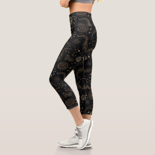 Gold Star Constellation Galaxy Pattern Capri Leggings