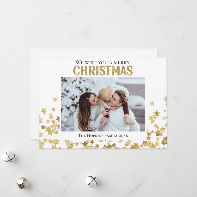 Gold star custom photo Flat Holiday Christmas Card (Front/Back In Situ)