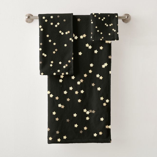 Gold Star Design On Black Bath Towel Set (Insitu)