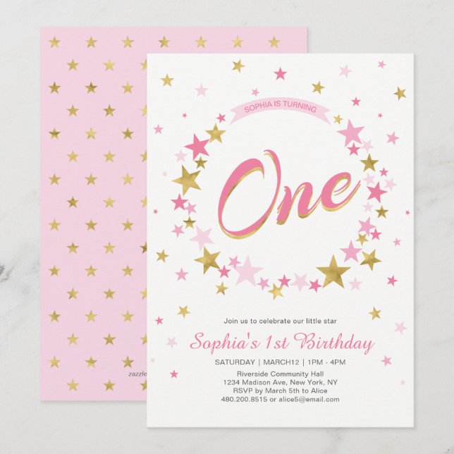 Gold Star | Girl 1st Birthday Invitation (Front/Back)