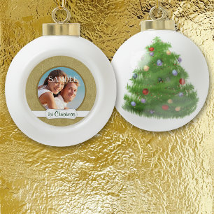 Gold Star Glitter First Christmas Template Ceramic Ball Christmas Ornament