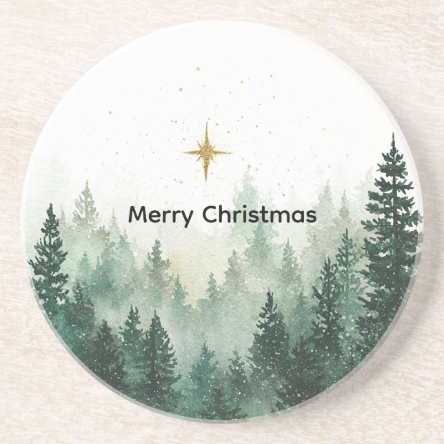 Gold Star Green Trees Christmas Coaster (Front)