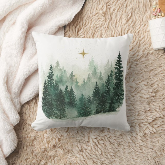 Gold Star Green Trees Christmas Cushion (Blanket)