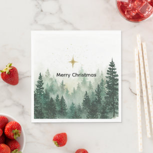 Gold Star Green Trees Christmas Napkin