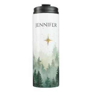 Gold Star Green Trees Christmas Thermal Tumbler