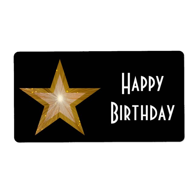 "Gold" Star 'Happy Birthday' label large black (Front)
