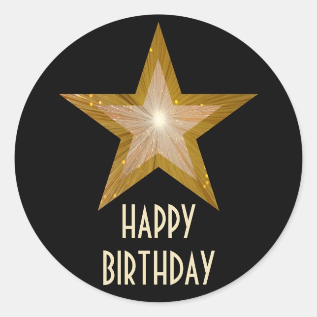 Gold Star 'Happy Birthday' round sticker black (Front)