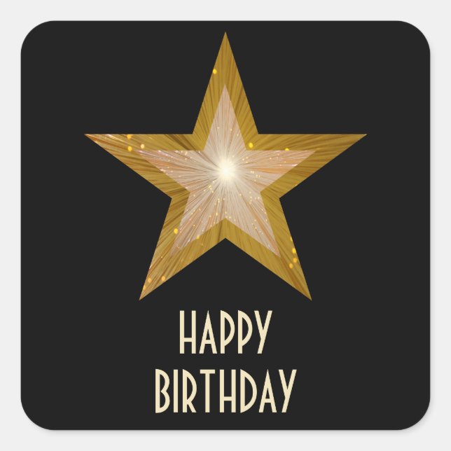 Gold Star 'Happy Birthday' square sticker black (Front)