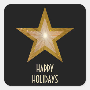Gold Star 'Happy Holidays' square sticker black