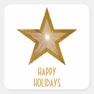 Gold Star 'Happy Holidays' square sticker white
