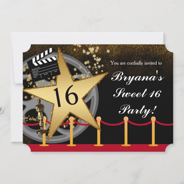 Gold Star Hollywood Red Carpet Party Invitations (Front)