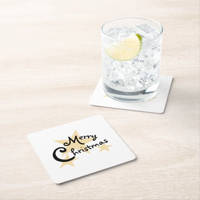 Gold Star Merry Christmas on White Square Paper Coaster (Insitu)