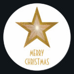 Gold Star 'Merry Christmas'' round sticker white<br><div class="desc">Modern design with a 'shining' gold and white star on a white background. Sticker with a gold and white customisable design for you to personalise with your own text, images and ideas. The text can easily be changed using the template provided or click the 'Customise It' button to make further...</div>