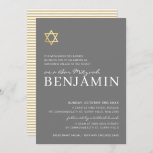 GOLD STAR modern Bar Mitzvah minimal grey white Invitation
