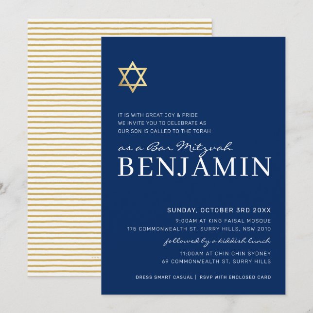 GOLD STAR modern Bar Mitzvah minimal navy white Invitation (Front/Back)