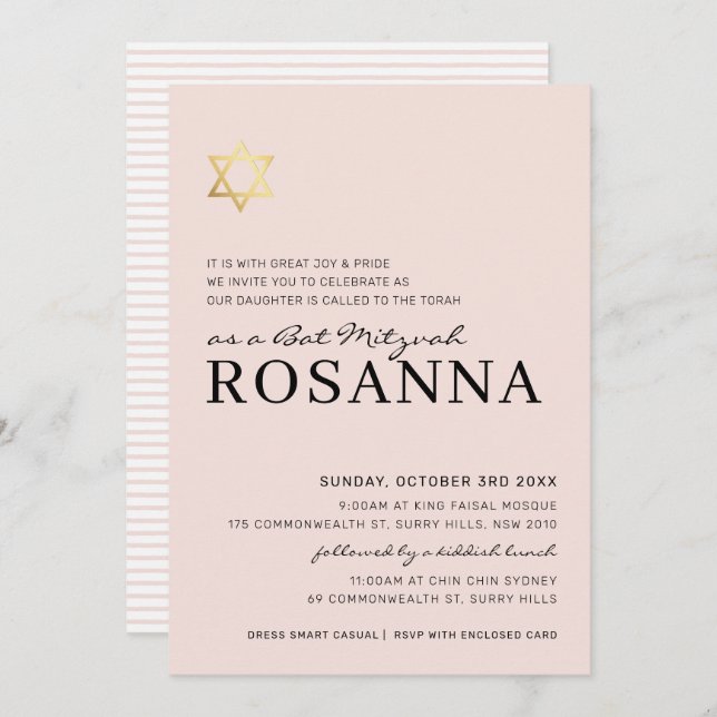 GOLD STAR modern Bat Mitzvah minimal pale pink Invitation (Front/Back)