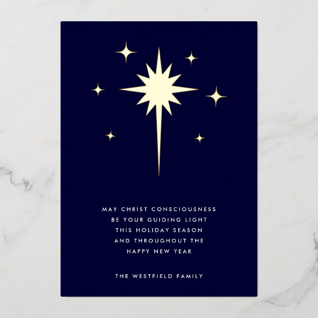 Gold Star of Bethlehem on Midnight Blue Christmas Foil Holiday Card (Front)