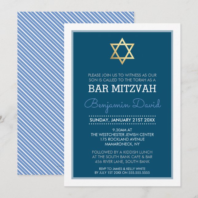 GOLD STAR OF DAVID bar mitzvah modern simple blue Invitation (Front/Back)