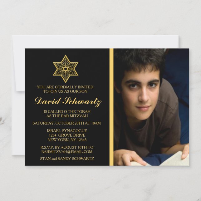 Gold Star of David Bar Mitzvah Picture Invitation (Front)
