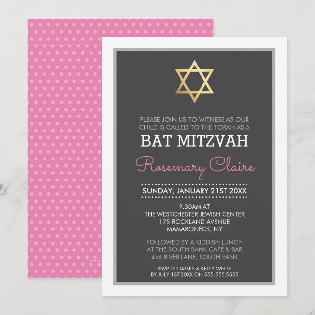 GOLD STAR OF DAVID bat mitzvah modern grey pink Invitation (Front/Back)