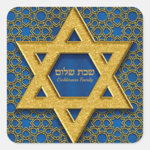 Gold Star of David Blue Hebrew Shabbat Shalom  Square Sticker