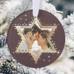 Gold Star of David Mr & Mrs First Hanukkah Photo O Ornament<br><div class="desc">Elegant Hanukkah star of David photo Hanukkah ornament. Sparkling gold stars create the star of David with a photo placeholder placed within the star of David. The reverse side features an elegant faux gold background with the words "Our first Hanukkah as". Customise with your name. Artwork by Moodthology Papery.</div>