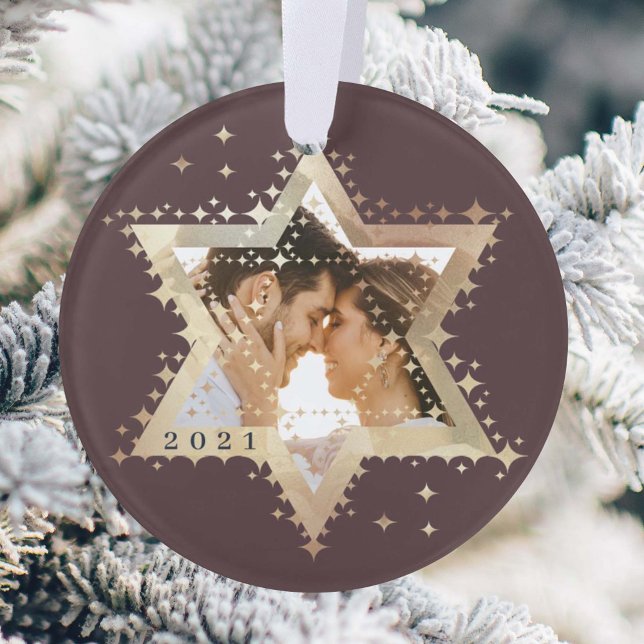 Gold Star of David Mr & Mrs First Hanukkah Photo O Ornament (Creator Uploaded)