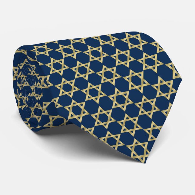 Gold Star Of David Navy Blue Neck Tie (Rolled)