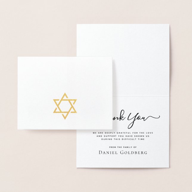 Gold Star of David real foil sympathy thank you Card (Display)
