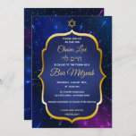 Gold Star on Blue Space Jewish Bar Mitzvah Invitation<br><div class="desc">Edit the text to customise this elegant announcement of your son's Bar Mitzvah. Our young Jewish graphic artists created this invitation. The Magen David (Star of David) and gold frame floats on a royal blue space background with the effects of shooting stars. No real gold foil is used in this...</div>