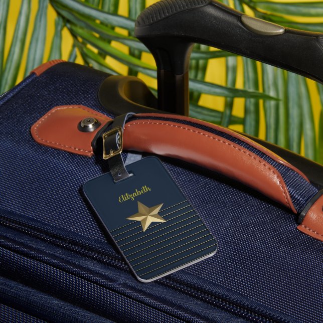 Gold Star on Navy Blue Luggage Tag (Front Insitu 1)