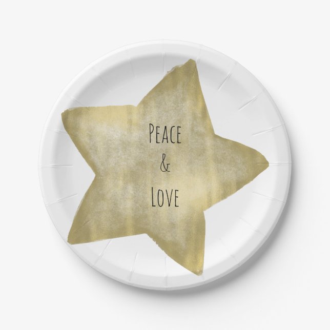 Gold Star Peace Love Paper Plate (Front)