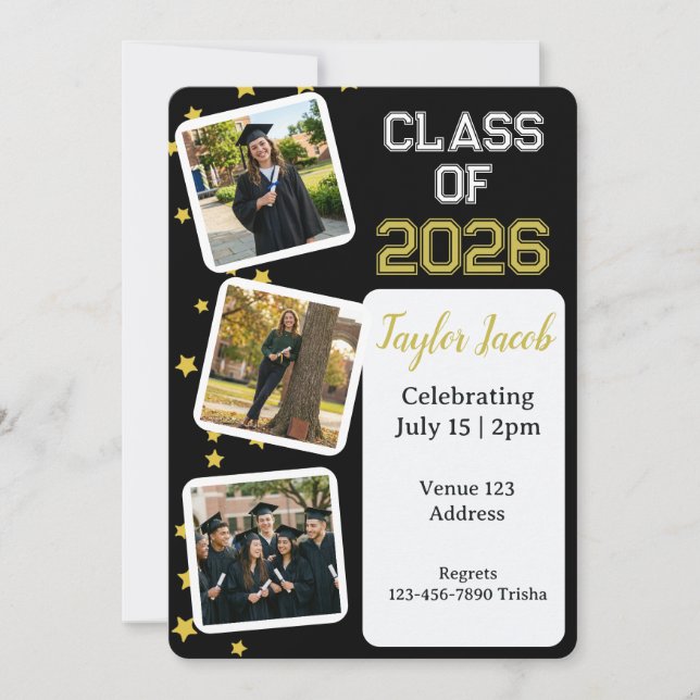 Gold Star Picture Editable Colour Graduation Invitation (Front)