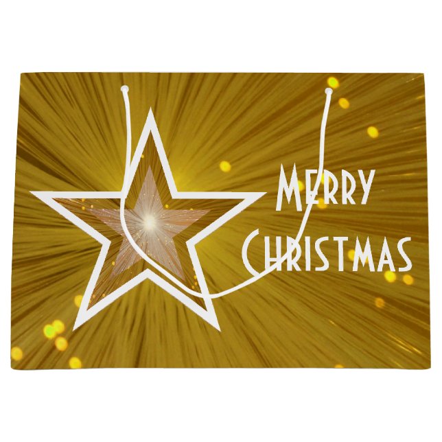 Gold Star print Merry Christmas white large Large Gift Bag (Front)