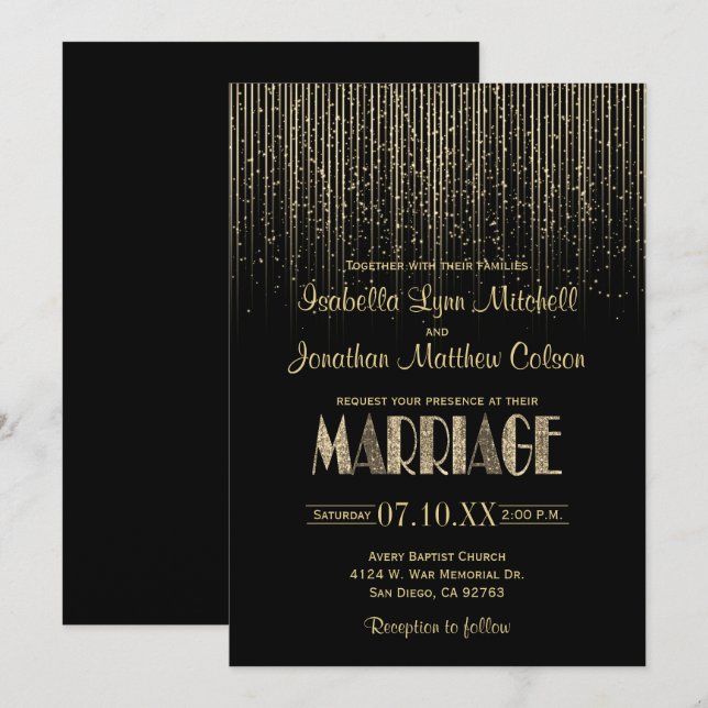 Gold Star Rain Shower & Black Wedding Invitation (Front/Back)