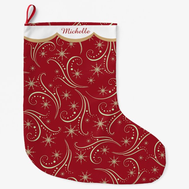 Gold Star Swirl Pattern Personalised Large Christmas Stocking (Front)